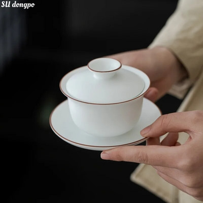 Matt felületű zsírfehér Gaiwan kerámia teáscsésze üreges alappal Kínai kungfu teafőző csésze vizes gesztenye fedőtál