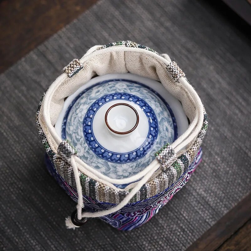 Vintage teenõude hoiukott Välitingimustes reisikeraamilised teetassid Puuvillane ja linane nööriga riidest kotid Kung Fu tee tarvikud