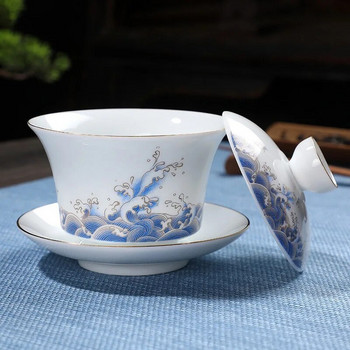 180 ml бял порцелан, ръчно рисуван златен чай, супник, глина Gaiwan за купа за чай Shen Puer Soup с капак Gai Wan Gaiwan и чаши за чаши