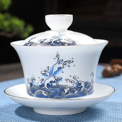 180 ml balto porceliano rankomis dažyta auksinė arbata Tureen Clay Gaiwan arbatos dubeniui Shen Puer sriuba su dangteliu Gai Wan Gaiwan ir puodeliai