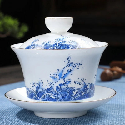 180 ml valgest portselanist käsitsi maalitud kuldne tee Tureen Clay Gaiwan teekausi jaoks Shen Puer supp kaanega Gai Wan Gaiwan ja tassitopsid
