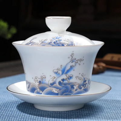 180 ml valgest portselanist käsitsi maalitud kuldne tee Tureen Clay Gaiwan teekausi jaoks Shen Puer supp kaanega Gai Wan Gaiwan ja tassitopsid