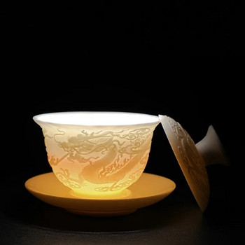 Dragon and Phoenix Ceramic Gaiwan White Porcelain Releef Cover Bowl Kung Fu Чаша за чай с капак и чинийка Gaiwan Jingde Town Puer