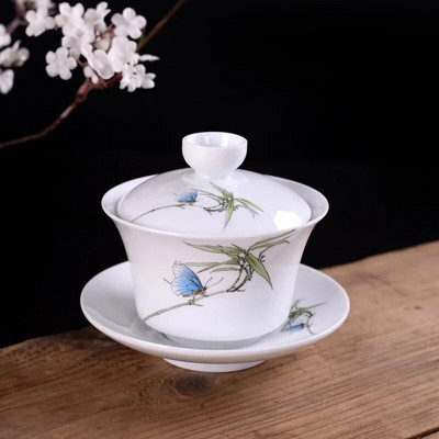 Käsitsi maalitud sinisest ja valgest portselanist Gaiwan tee Tureen Tiibeti kausisupp kaanega Jaapani Te Tass Hiina teetassid Gai Wan Puer