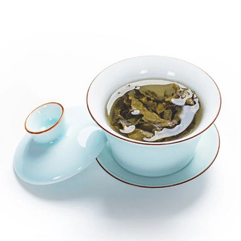 Супница за чай Celadon 140 ml Порцеланова Gaiwan Бяла Chawanmushi Купа с капак Купа Lotus Ръчна чаша за рисуване Чаши за чай Китайски Gai Wan