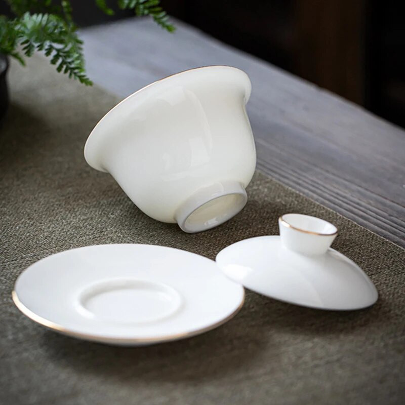 Suet Jade valgest portselanist Gaiwani teetass Käsitsi valmistatud keraamiline tee türeen Kodune teenõud Jooginõud Reisitass Hiina teetseremoonia