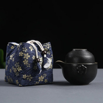 Платнена чанта за прибори за чайна церемония, чанта за съхранение на сервиз за чай за пътуване, опаковка за чайник за чаена чаша, платнена чанта с шнур