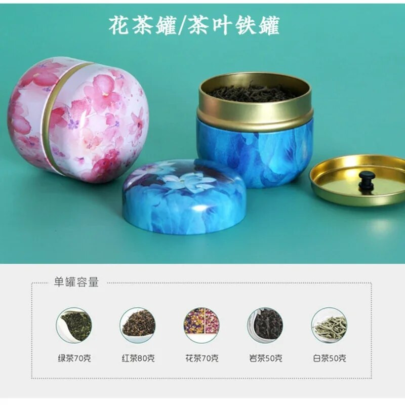 Teekarbiga plekist Caddy majapidamises kasutatav kaasaskantav suletud teepakendikarp Jaapani stiilis lilleline tee ümmargune väikesed plekkkonteinerid