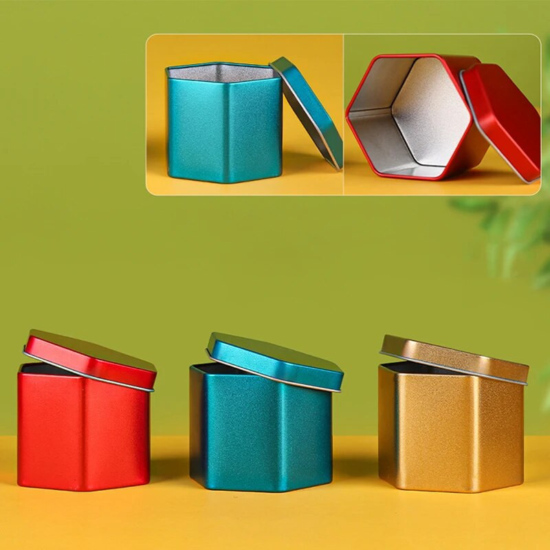 Kaasaskantav teekarp, ühevärviline tee suletud karbiga teenõude hoiustamiskonteiner Kuusnurkne plekk-purk kohvi-suhkrukarbiga köögi hoiuruum