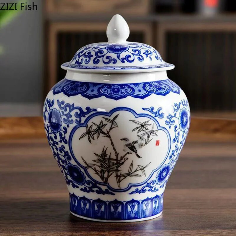 Sinist ja valget portselanist üldpurk Teekanister, suletud kaanega keraamiline säilituspurk Lauakaunistus Kommipotid Teekorv