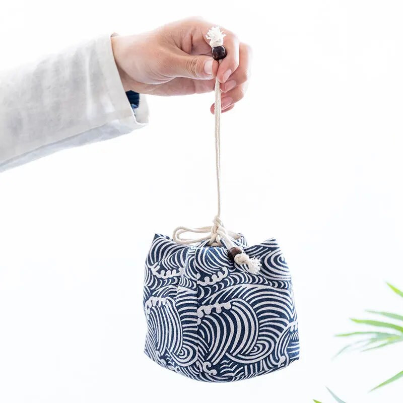 Jaapani kunstile trükitud puuvillase kanepi teetassi hoiukott Teenõude hoiustamiskangast riidest kott Ühe tassi reisiteetassi komplekti tasku ZC359