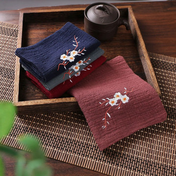 Памучно бельо Китайски стил Дзен Чаена кърпа Абсорбираща Удебелен парцал Бродерия на цветя Чаена кърпа Аксесоари за подложка за чай