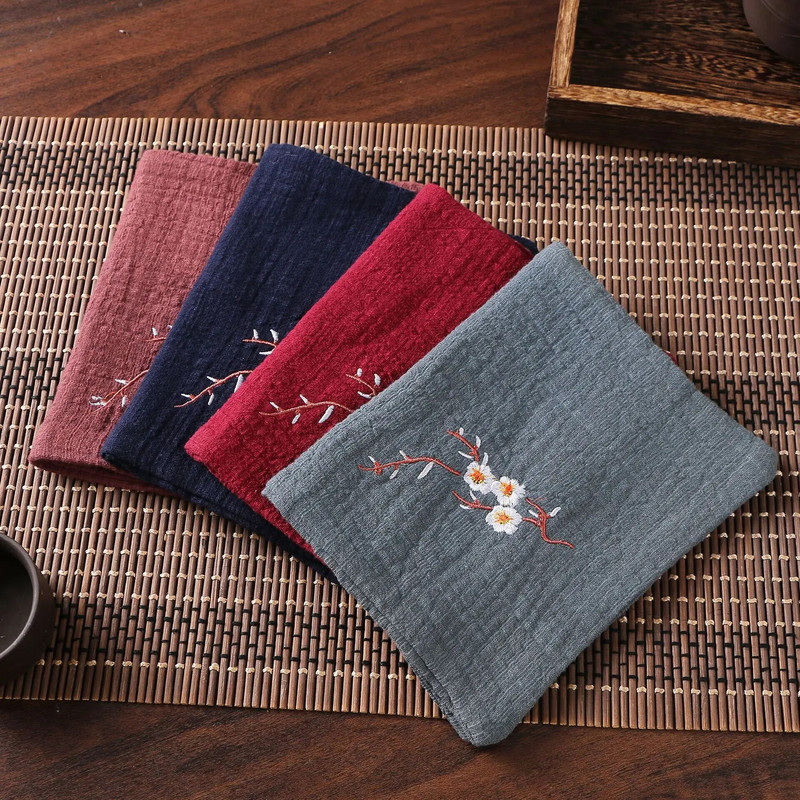 Medvilninis lininis kinų stiliaus Zen arbatos rankšluostis, sugeriantis sutirštintas skuduras, gėlių siuvinėjimas, rankšluostis arbatos padėkliuko priedai