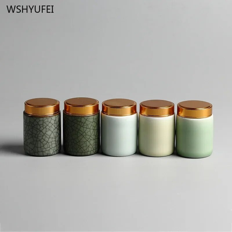 Celadoni metallist keeratava korgiga miniteepurk väike mugav reisihotell väike teekann keraamiline puuder, rouge huulepulga hoiupaak