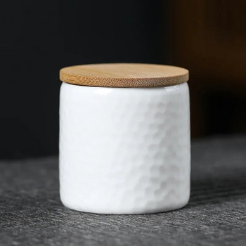 Малка бяла порцеланова чаша за чай с бамбуково покритие Керамичен мини херметичен резервоар за съхранение Съхранение на малки порцеланови буркани