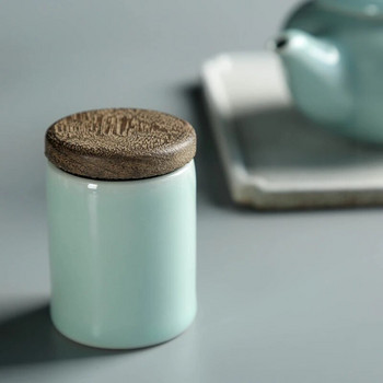 Бутикова кана за чай Celadon Малка преносима мини кана за чай Кутия Керамична запечатана тенджера в японски стил с дървен капак Комплект за чай Склад за чай
