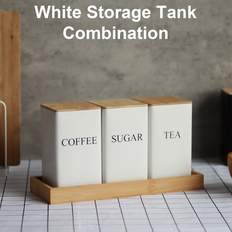 Köögikoristaja bambusest kaanega, metallist tee-kohvi-suhkru säilituspurgid, lauapealne toidukonteinerite karp, õhukindel korraldus