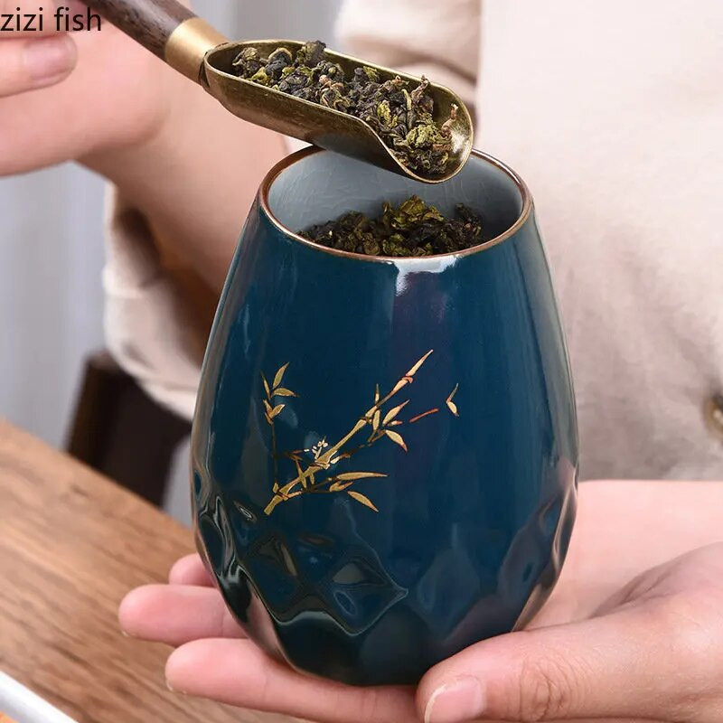 Cutie de ceai din ceramică albastră Cutie de ceai Borcan sigilat Rezervoare de depozitare rezistente la umiditate Recipient de ceai Cutie de ceai Cutie de depozitare Organizator de ceai Borcane de bomboane