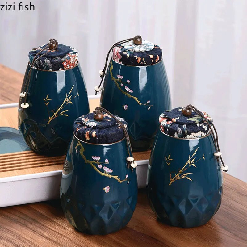 Cutie de ceai din ceramică albastră Cutie de ceai Borcan sigilat Rezervoare de depozitare rezistente la umiditate Recipient de ceai Cutie de ceai Cutie de depozitare Organizator de ceai Borcane de bomboane