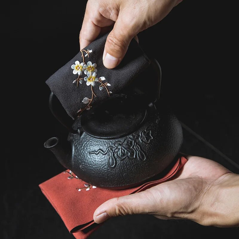 Șervețele de ceai brodate de epocă, pânză, pește, prune, flori, castron, ceainic, prosop de curățare, accesoriu pentru ceremonia ceaiului de birou