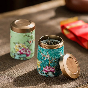 Изискан емайлиран буркан за чай, метален капак, керамичен запечатан буркан, кофа за съхранение Малък сервиз за чай за пътуване Контейнер за буркан за съхранение на бисквити