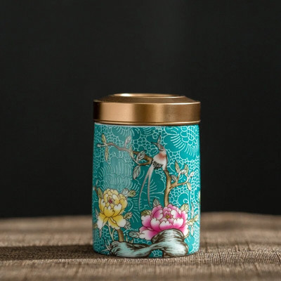 Peen emailitud teepurk metallkaanega keraamiline suletud purgi hoiuämber Väike reisiteekomplekt kommiküpsise säilituspurgi konteiner