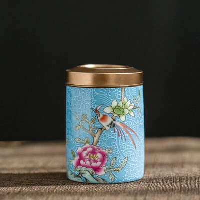 Peen emailitud teepurk metallkaanega keraamiline suletud purgi hoiuämber Väike reisiteekomplekt kommiküpsise säilituspurgi konteiner