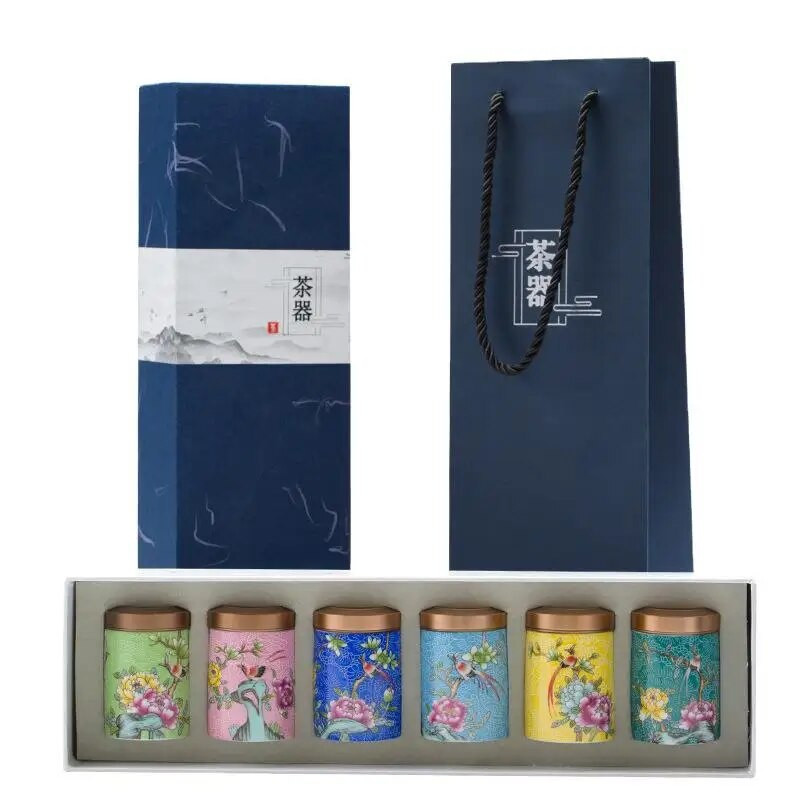 Peen emailitud teepurk metallkaanega keraamiline suletud purgi hoiuämber Väike reisiteekomplekt kommiküpsise säilituspurgi konteiner