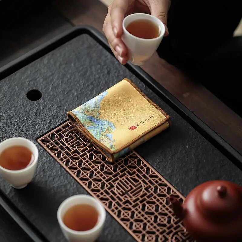 Sutirštintos medvilnės spausdintas arbatos rankšluosčio audinys, sugeriantis Zen Kiniškas mažas arbatos rankšluostis Kinijos stiliaus arbatos rankšluosčių padėklas 1vnt LE768