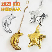 2db Holdcsillag alakú Eid Mubarak Tea Mesh Infuser Arany Ezüst Staniless Steel Ramadan Teaszűrő készlet Fűszerszűrő lánccal