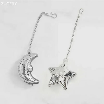 2db Holdcsillag alakú Eid Mubarak Tea Mesh Infuser Arany Ezüst Staniless Steel Ramadan Teaszűrő készlet Fűszerszűrő lánccal