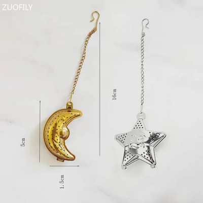 2db Holdcsillag alakú Eid Mubarak Tea Mesh Infuser Arany Ezüst Staniless Steel Ramadan Teaszűrő készlet Fűszerszűrő lánccal