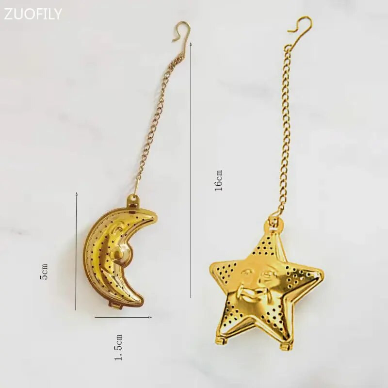 2db Holdcsillag alakú Eid Mubarak Tea Mesh Infuser Arany Ezüst Staniless Steel Ramadan Teaszűrő készlet Fűszerszűrő lánccal