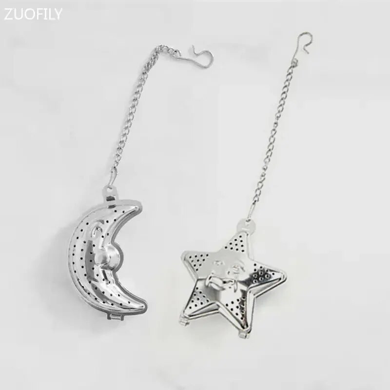 2db Holdcsillag alakú Eid Mubarak Tea Mesh Infuser Arany Ezüst Staniless Steel Ramadan Teaszűrő készlet Fűszerszűrő lánccal