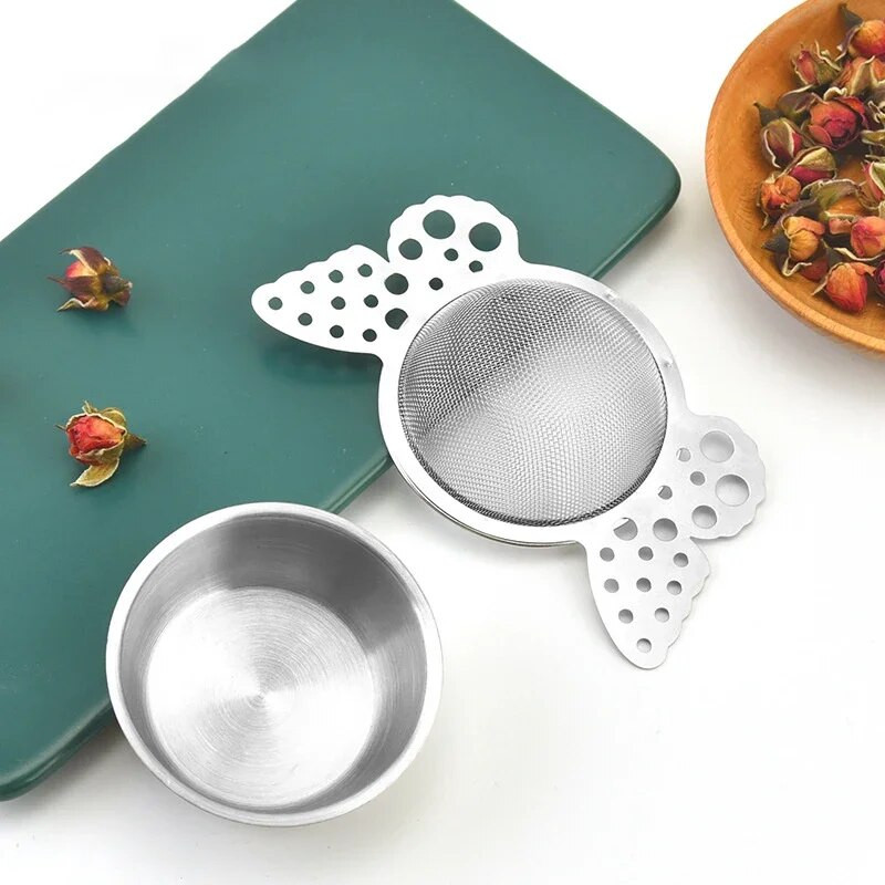Πεταλούδα Δαντέλα Διπλής στρώσης φίλτρο τσαγιού με λεπτό πλέγμα από ανοξείδωτο ατσάλι Κόσκινο φίλτρου Teaware Drain Χρήσιμα αξεσουάρ για έγχυση τσαγιού