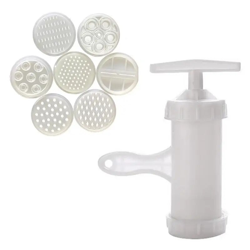 Nuudlivalmistaja majapidamises kasutatav plastist nuudlipressimismasin E-kujuline käsitsi juhitav pastamasin 7 pressvormiga pastapress