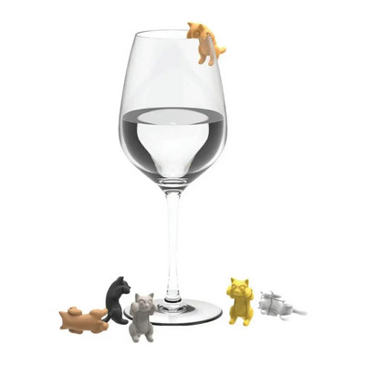 6Pcs Mini Cat Shape Силиконов маркер за чаша за вино Идентификатор за чаша за пиене Знак Маркировка Етикет Шампанско Коктейли Бар Аксесоари