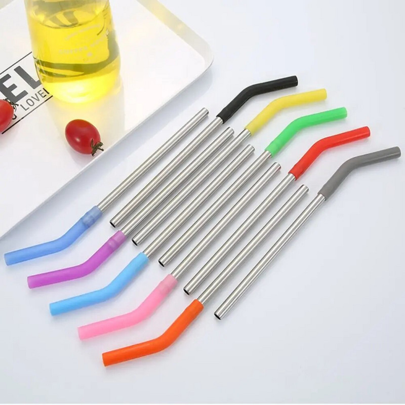 1 τεμ. Επαναχρησιμοποιήσιμα καλαμάκια από ανοξείδωτο χάλυβα ίσια λυγισμένα καλαμάκια πόσιμου με άκρες σιλικόνης για ζεστό κρύο εργαλείο μπάρα ποτών