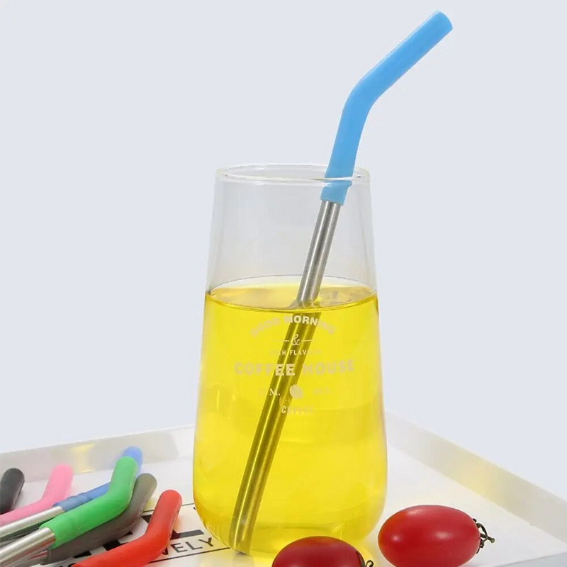 1 τεμ. Επαναχρησιμοποιήσιμα καλαμάκια από ανοξείδωτο χάλυβα ίσια λυγισμένα καλαμάκια πόσιμου με άκρες σιλικόνης για ζεστό κρύο εργαλείο μπάρα ποτών