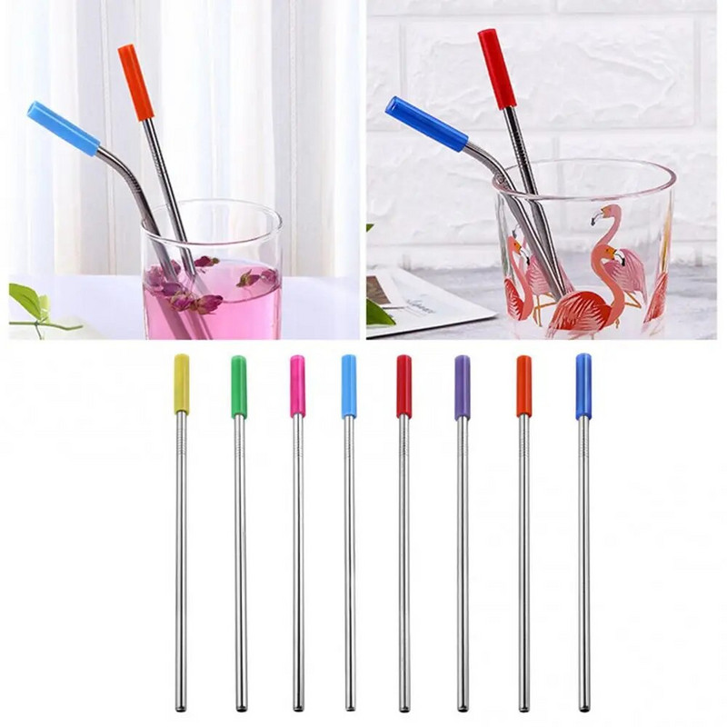 4 bucăți, reutilizabile, din silicon, capac, din oțel inoxidabil, paie de băut îndoite drepte pentru cocktail, bere, suc, petrecere, bar, vase de băut