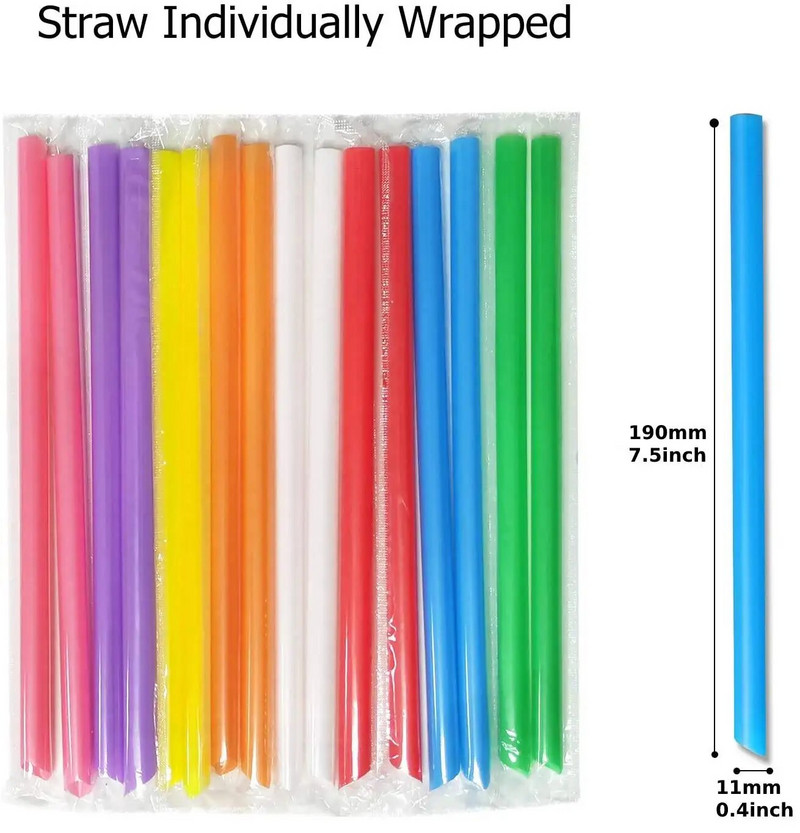 100 vnt Jumbo kokteilių šiaudeliai Boba Straw Individualiai suvynioti vienkartiniai plastikiniai dideli plataus burnos pieno kokteilio burbuliniai gėrimo šiaudeliai