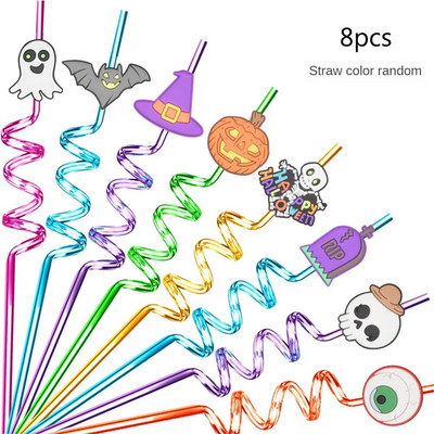 2023 New Halloween Plastic Straw Reusable Children Spiral Drink Straw Festive Atmosphere 8 Styles1 Set 10 Set 20 Set