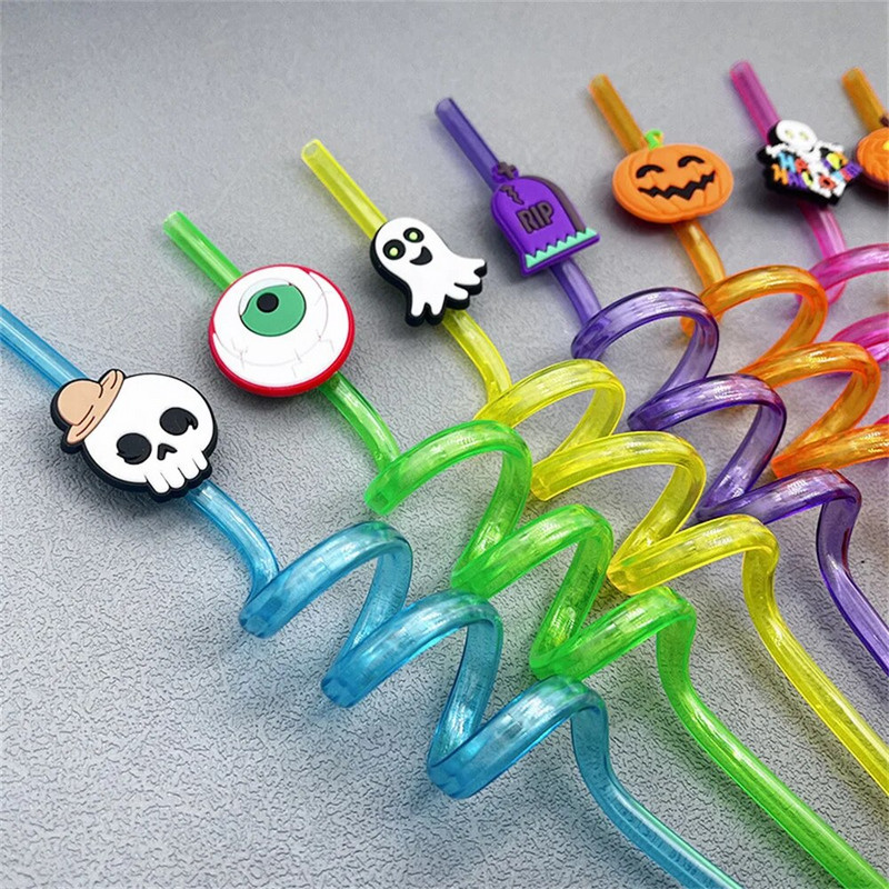 2023 New Halloween Plastic Straw Reusable Children Spiral Drink Straw Festive Atmosphere 8 Styles1 Set 10 Set 20 Set
