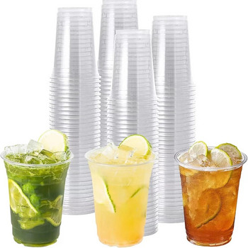 50PCS 16OZ Прозрачни пластмасови чаши Плоски капаци Еднократна чаша за пиене за парти Сватба Ледено кафе Млечни шейкове Чаши за пиене насипно