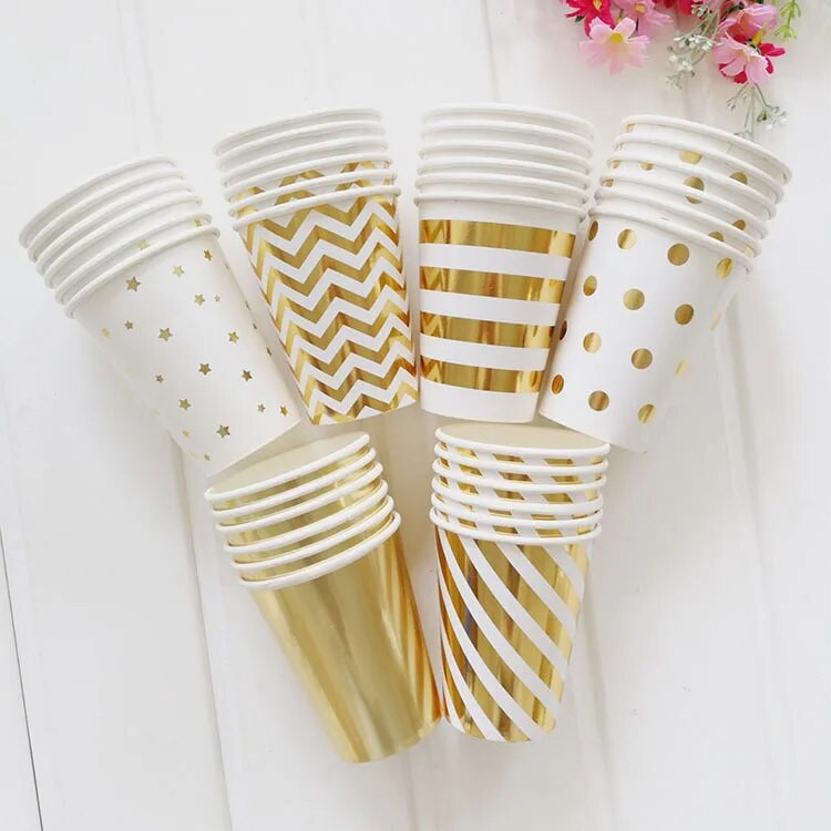 10 vnt Auksinių puodelių popieriniai vakarėlių stalo įrankiai gimtadienio vakarėlio lėkštė taškuota dryžuota puodelis vestuvių vakarėlio dekoravimui