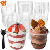 50 tk Ühekordsed koogitopsid Läbipaistvast plastist ilma auguta vahuvahuga magustoidutass kaanega peotarbed külmade jookide puuviljakreemi jaoks