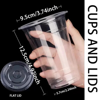 50PCS 16OZ Прозрачни пластмасови чаши Плоски капаци Еднократни чаши за пиене за парти Сватбени чаши за пиене Насипно ледено кафе Млечни шейкове