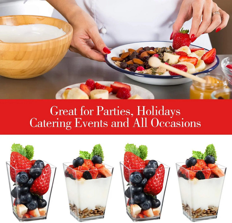 12/24 tk Mini magustoidu tassid 110 ml läbipaistev trapetsikujuline toidukonteiner vahusalve jaoks Pulmafestivali peolusikas kaasas