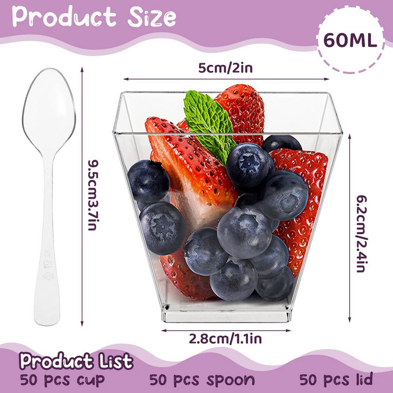 50 tk kaanega väikesed magustoidutopsid, lusikad 2 untsi/60 ml plastist magustoidujäätise tass DIY magustoidu kodufestivali pulmapeotarbed
