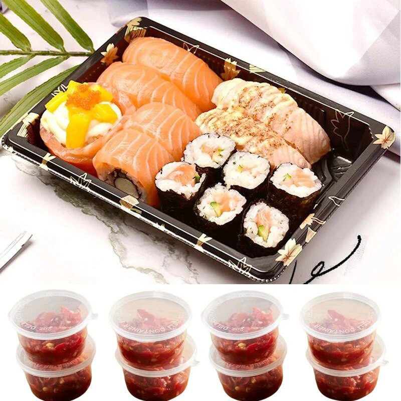 50 tk ühekordselt kasutatav kaasavõetav kastmetops, läbipaistev plastmahutid, hingedega kaantega toidukarp Korduvkasutatavad plasttopsid Pigmentvärvikarp